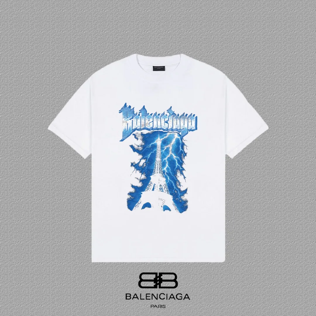 P80✨🔥 [BALENCIAGA] Paris lettering printed short-sleeved T-shirt. Custom-woven and dyed 26-count double yarn 300 grams of heavy fabric. Zero color difference in thread. Perfect details. Differentiate from the current version. Welcome to compare. Same Style for men and women. Must-sell model in the picture above. Color: White Black Size: 1 2 3 4